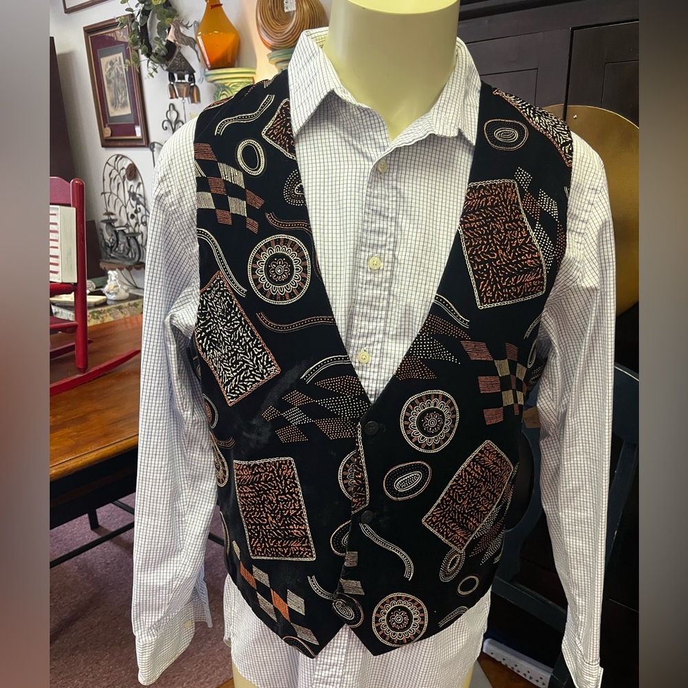 Black Velvet with Metallic Geometric Pattern Vest by Attitudes Size L